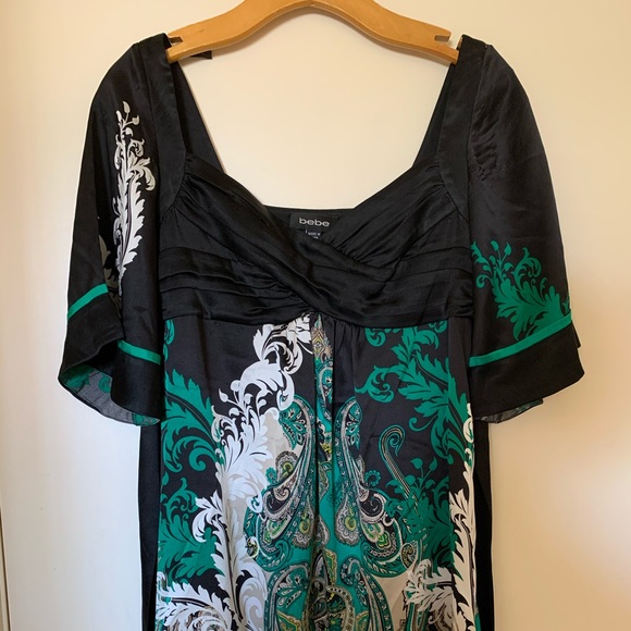 bebe 100% silk, black and green Kimono Dress. XXS - Picture 4 of 8